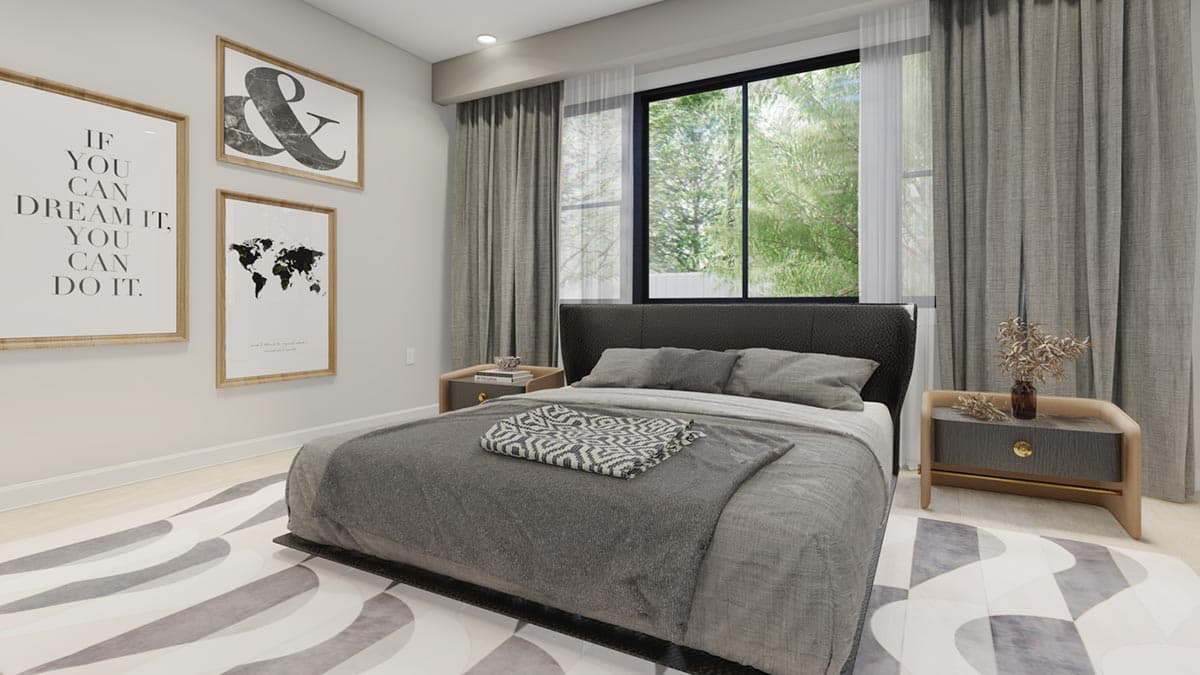 Bedroom rendering with large window, textured headboard, patterned rug, and framed wall art.
