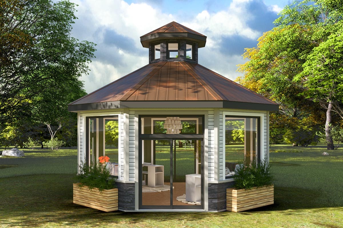 Gazebo exterior with a multi-sided copper roof, clerestory, and large windows. Planter boxes are located beneath the windows.