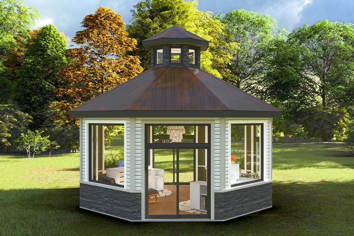 Octagonal garden structure with a copper roof, large windows, and stone base.