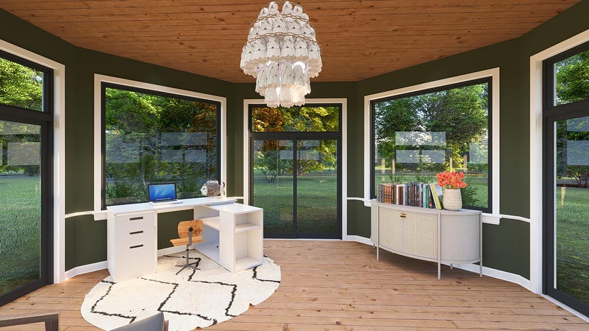 Interior rendering of a sunroom with a desk, credenza, and large corner windows overlooking a lawn and trees.