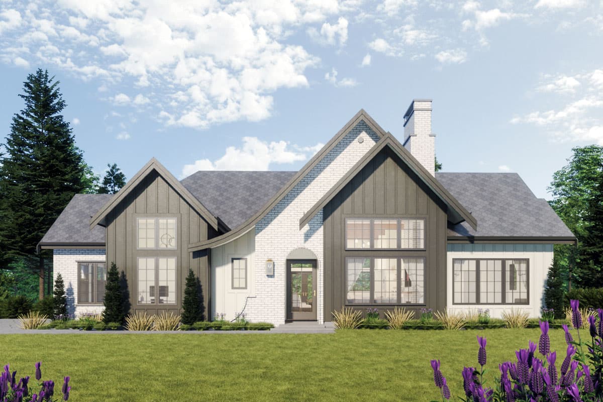 House plan exterior. Modern farmhouse style with gabled roof, board and batten siding, and multi-pane windows. Two stories.