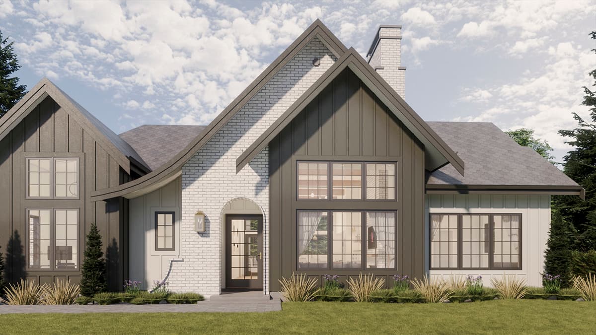 House plan exterior: Modern farmhouse style with white brick, board and batten siding, gable rooflines, and large multi-pane windows.