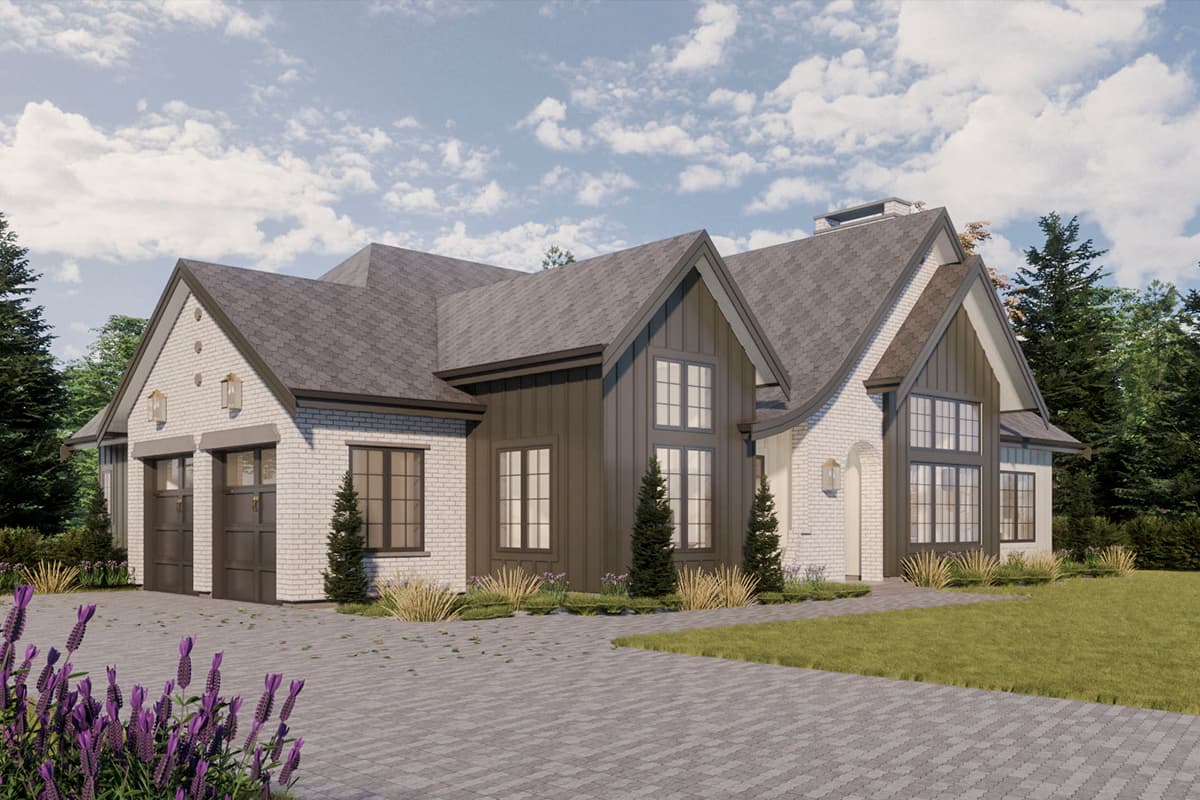Modern Farmhouse house plan exterior with two-car garage, white brick, dark siding, and intersecting gables.