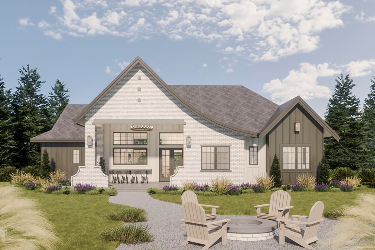 Modern Farmhouse house plan exterior with white brick, gable roof, covered porch with seating, and large windows.