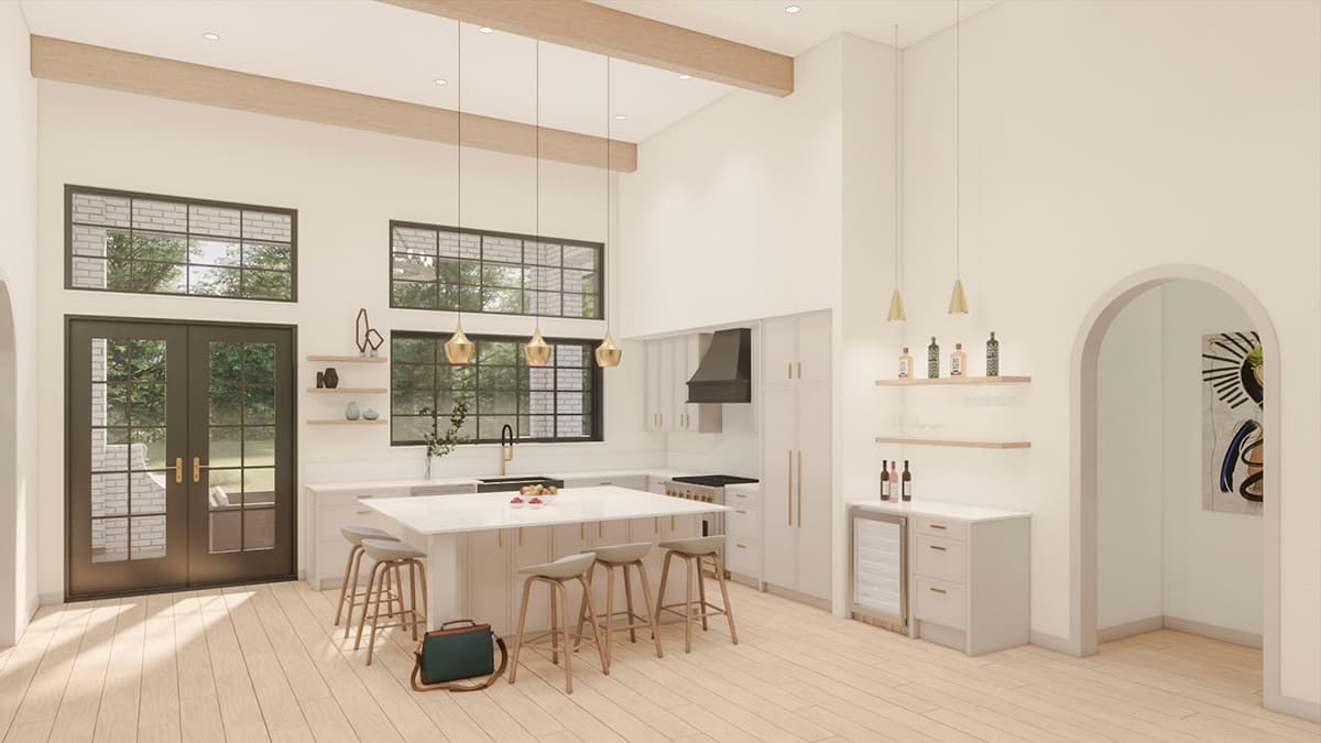 Open concept kitchen with vaulted ceilings, exposed beams, large windows, island, and double doors.