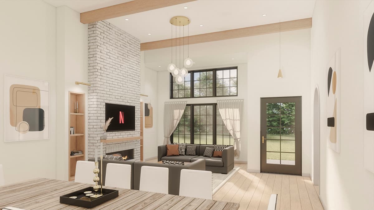 Interior rendering of a great room with a large brick fireplace, vaulted ceiling, wood beams, and expansive windows.