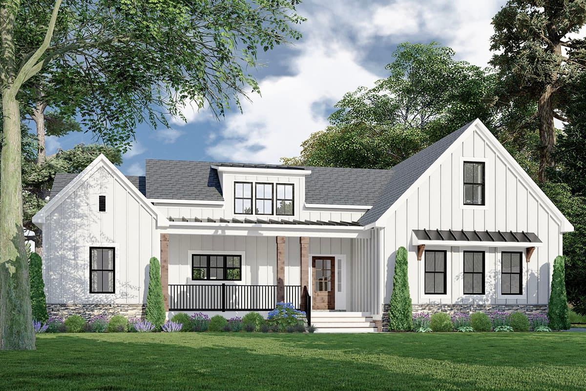 House plan exterior rendering. Modern Farmhouse style with two stories. Features include a front porch, gabled rooflines, and a dormer.