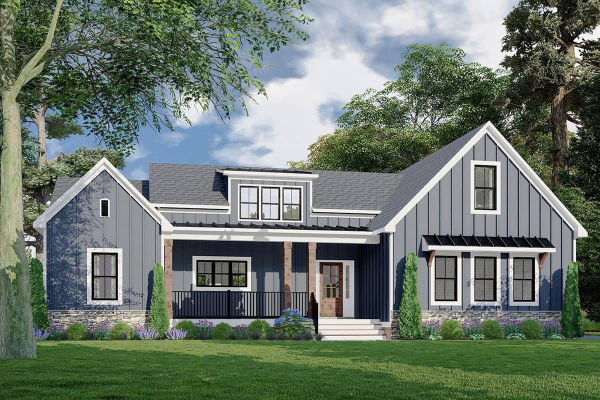 Modern Farmhouse house plan exterior with a covered porch, board and batten siding, stone accents, and prominent gables.