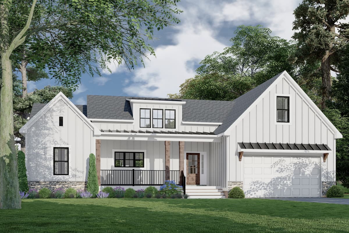 Modern Farmhouse house plan exterior with gables, dormer, porch, and attached garage.