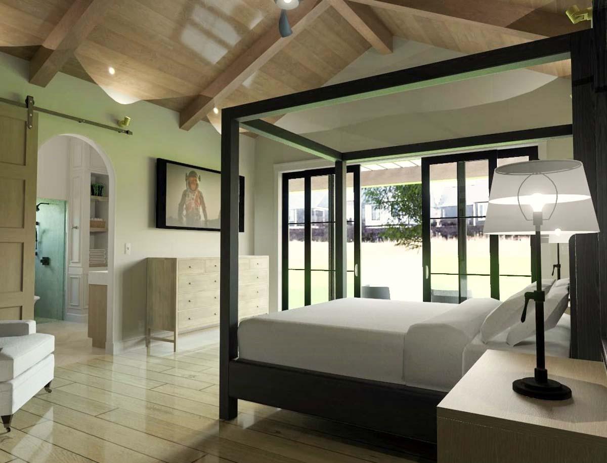 Spacious bedroom with a four-poster bed. Large windows offer an outdoor view. Features a wooden ceiling, dresser, and a table lamp on a nightstand.