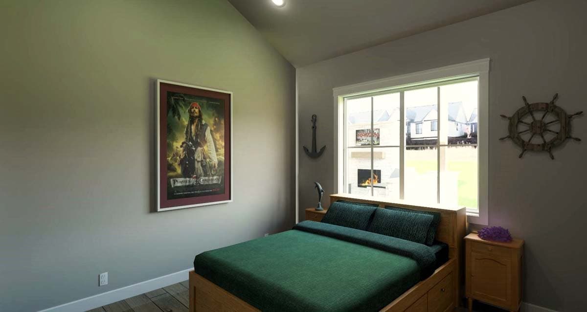 A bedroom features a Pirates of the Caribbean poster, green bedding, and nautical decor like a ship wheel and anchor. A window provides natural light.