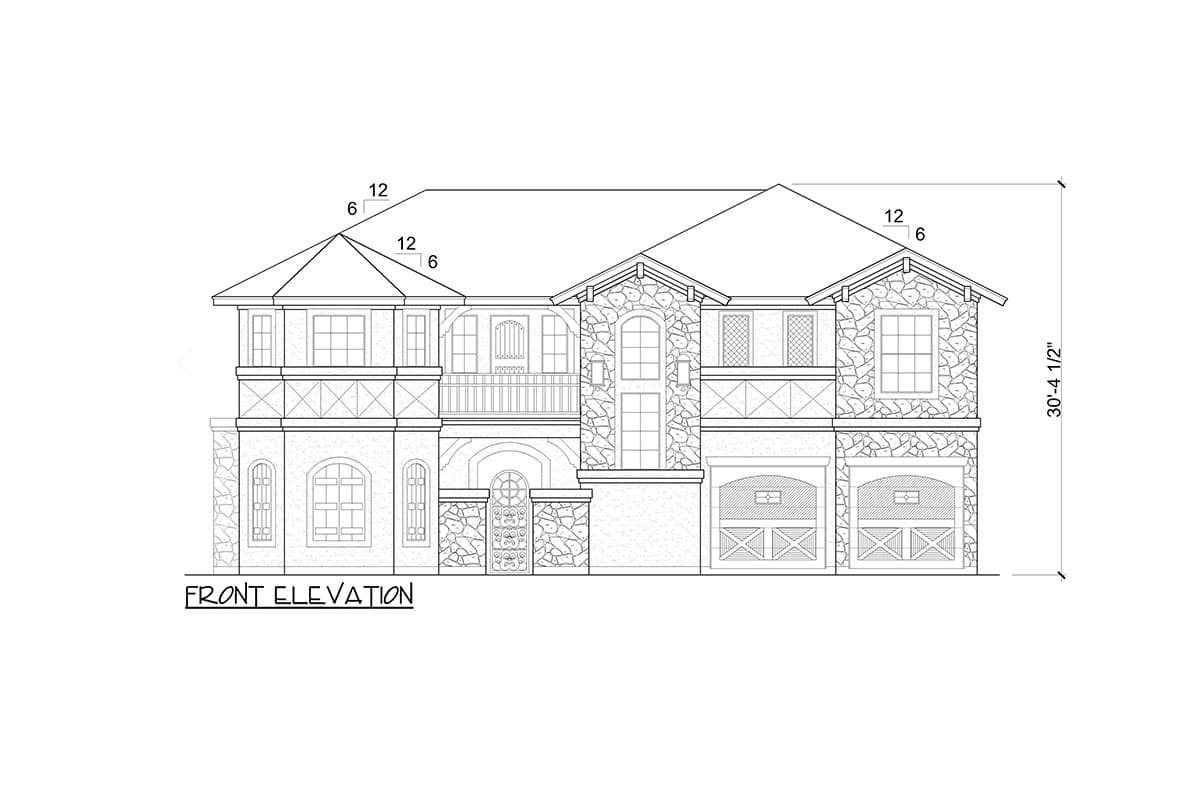 Front elevation drawing of a two-story house plan with a stone facade, multiple gables, balconies, and a side-facing three-car garage.