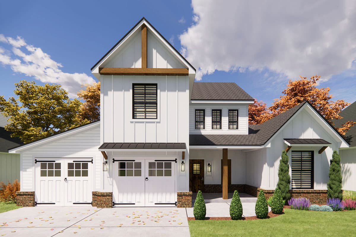 House plan exterior. Two-story Modern Farmhouse with board and batten siding, gabled roof, a covered porch, and a two-car garage.