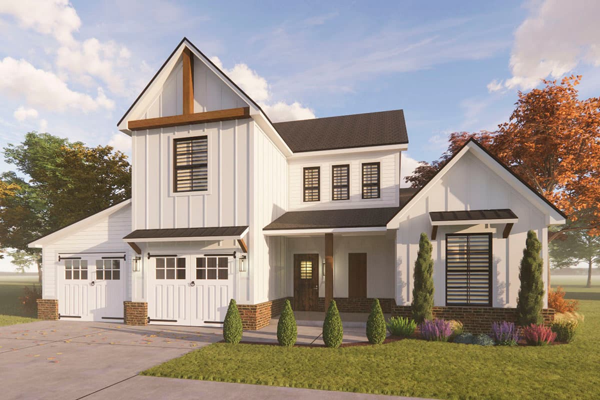 Modern Farmhouse house plan exterior, two stories, board and batten siding, gabled roof, covered porch, and three-car garage.