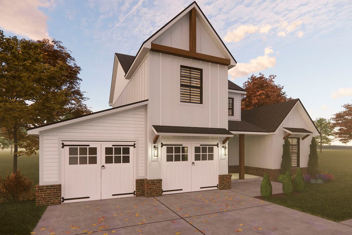 Modern Farmhouse house plan exterior with a two-car garage, white board and batten siding, and exposed wood beams.