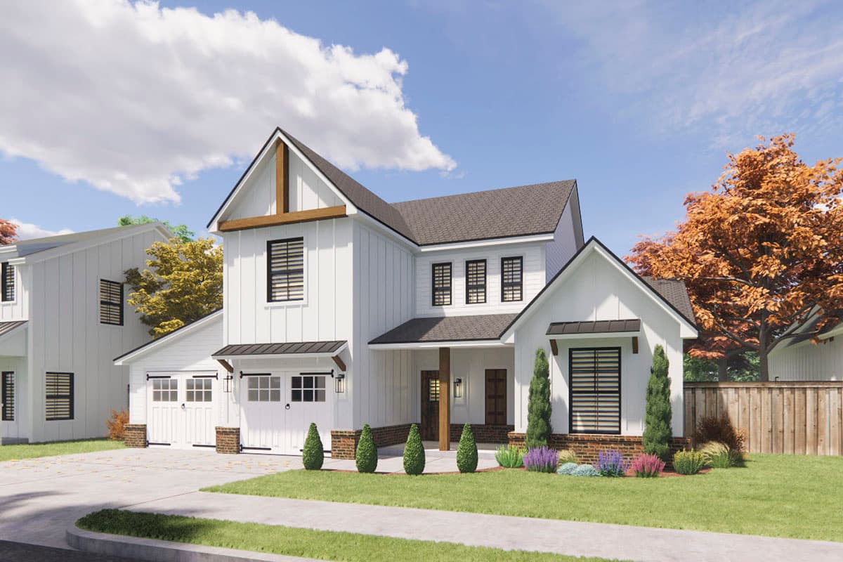 Modern Farmhouse house plan exterior with gabled roof, board and batten siding, and a two-car garage.
