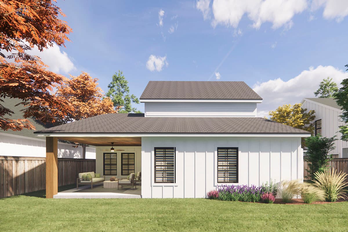Modern Farmhouse house plan exterior: two stories, gable roof, covered patio with seating, board and batten siding.
