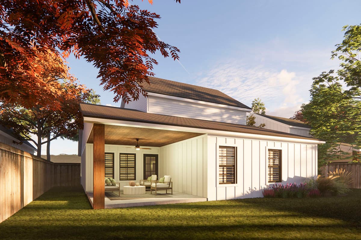 Modern Farmhouse house plan exterior with covered porch, board and batten siding, and multiple gables.