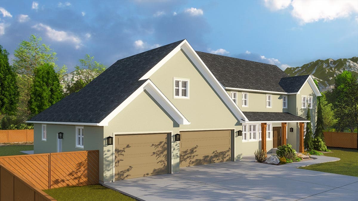 House plan exterior: Two-story home with a large gable, a covered porch with wood columns, and a three-car garage.