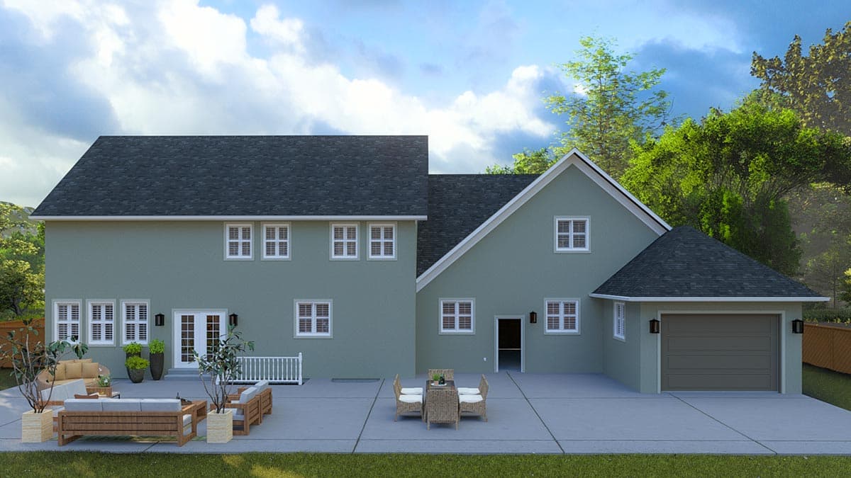 House plan exterior: two-story residence with attached one-car garage, numerous windows, and rear patio.