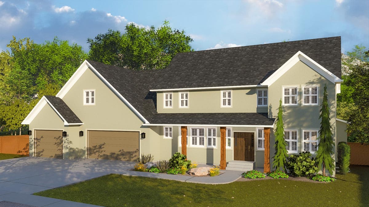House plan exterior: Two-story home with a three-car garage, prominent gables, a covered porch with timber posts, and numerous multi-pane windows.