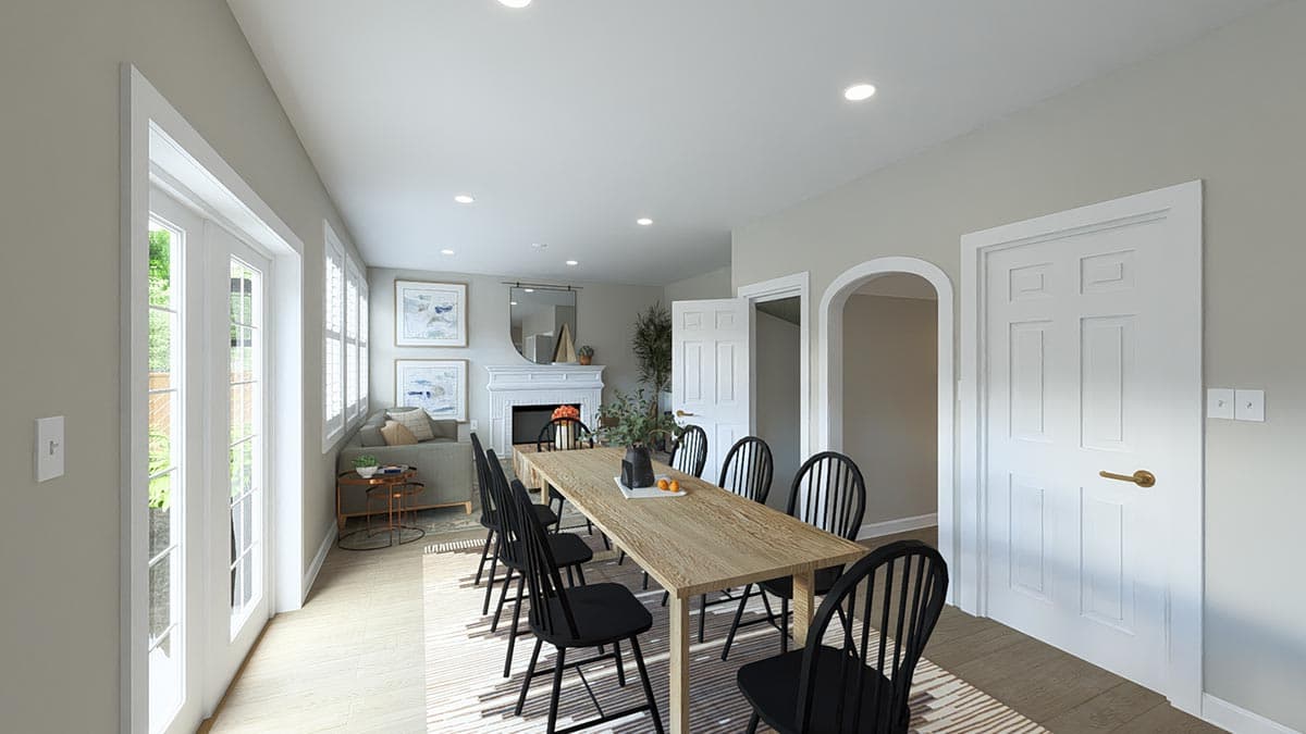 Dining and living room rendering with fireplace, dining table, and French doors. Open archway connects to another room.