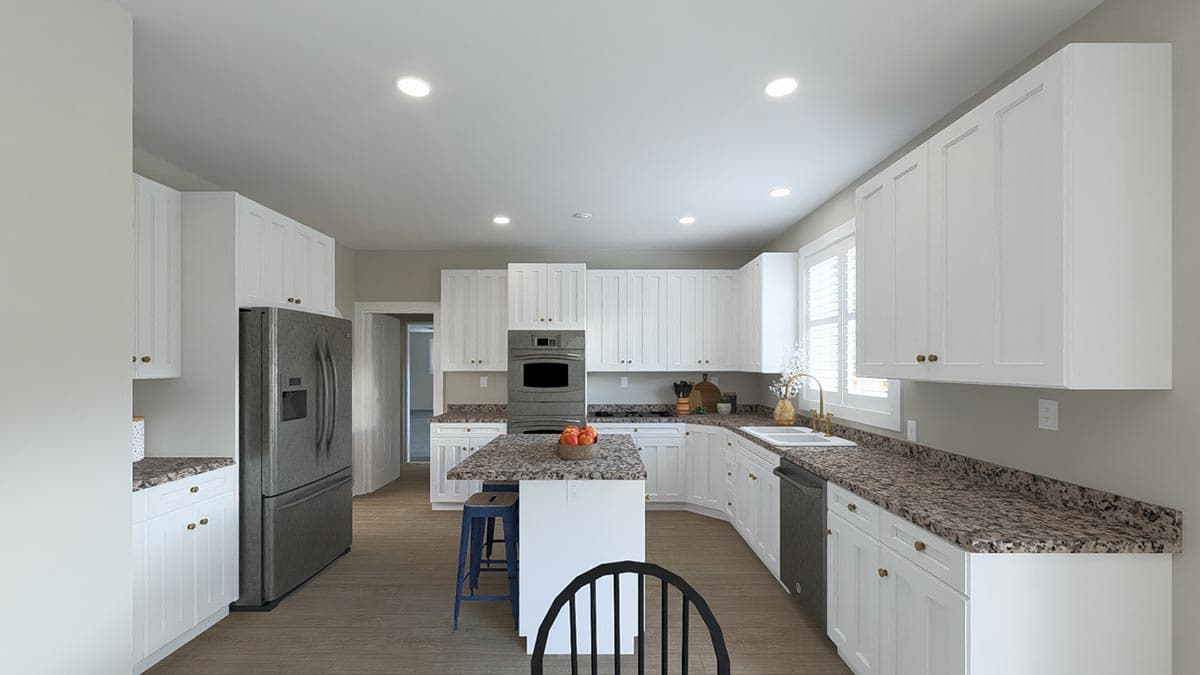 Kitchen interior with white shaker cabinets, granite countertops, central island, stainless steel refrigerator, and oven.