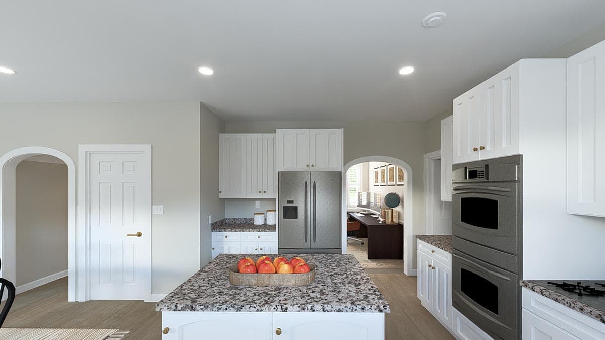 Kitchen with island, stainless steel refrigerator, double oven, and arched doorway to office.
