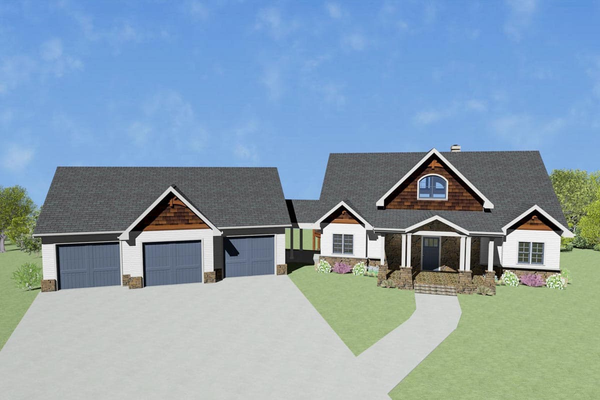 House plan exterior: Craftsman style, two stories, three-car garage, covered front porch with stone columns and gables.