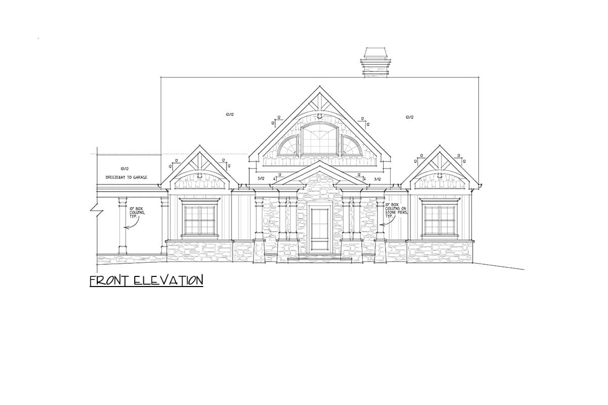 Front elevation drawing of a house plan featuring stone piers, box columns, gables, and arched dormer window.