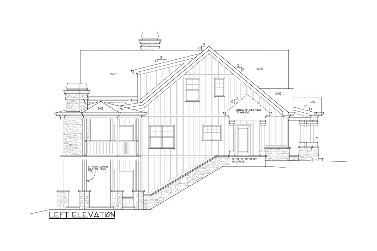 Left elevation house plan drawing showing multiple gables, stone and wood siding, covered porches, and a prominent chimney.