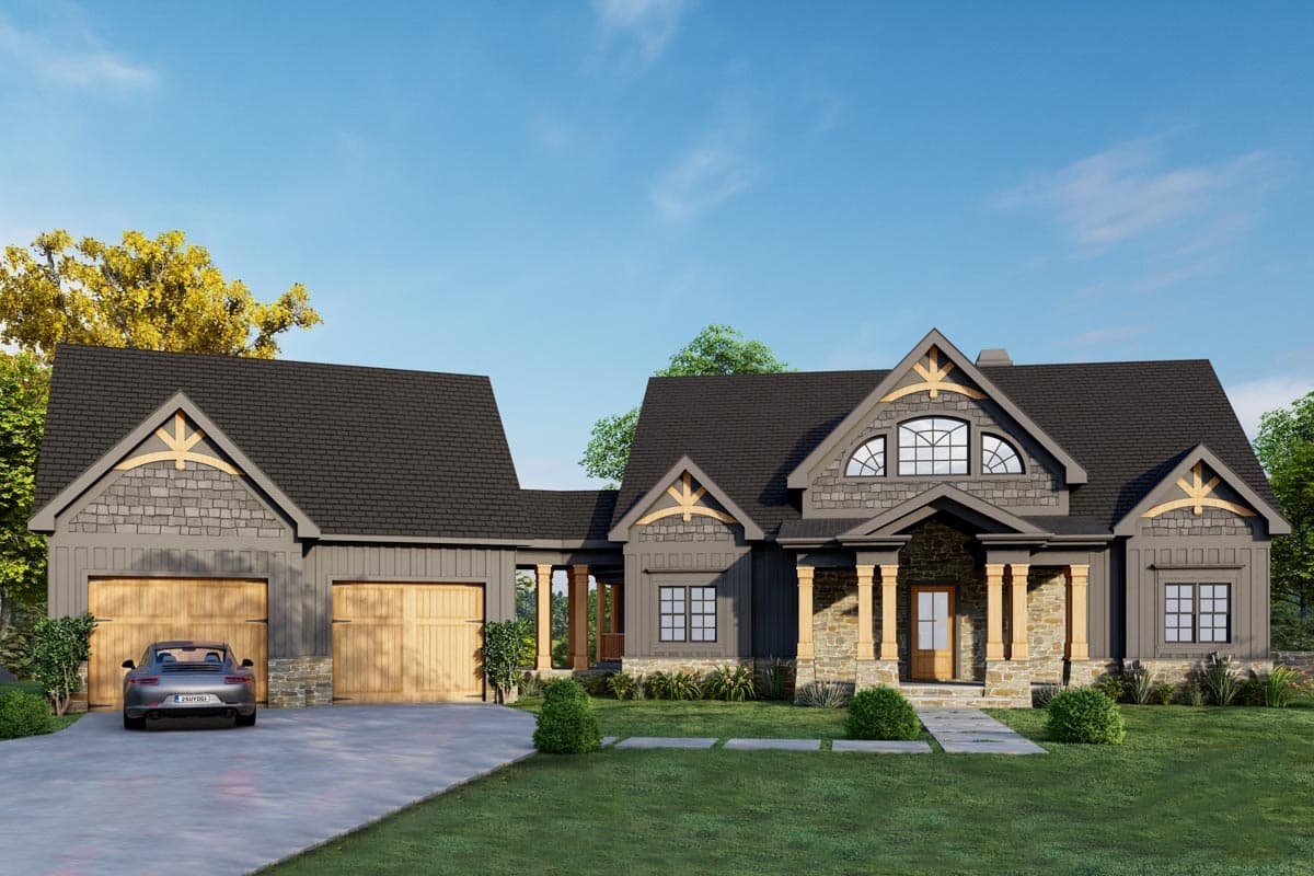 House plan exterior with Craftsman style, two stories, gabled rooflines, stone accents, and a front porch with pillars.