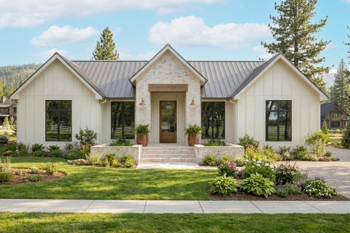 House plan exterior. Modern Farmhouse style with a gabled roof, brick entry porch, and black-framed windows, and vertical siding.