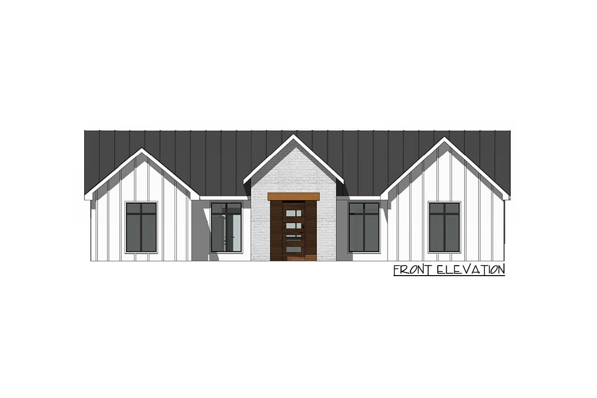 House plan front elevation with a gabled roof and board-and-batten siding. Features include a brick entry facade, multiple windows, and a dark metal roof.