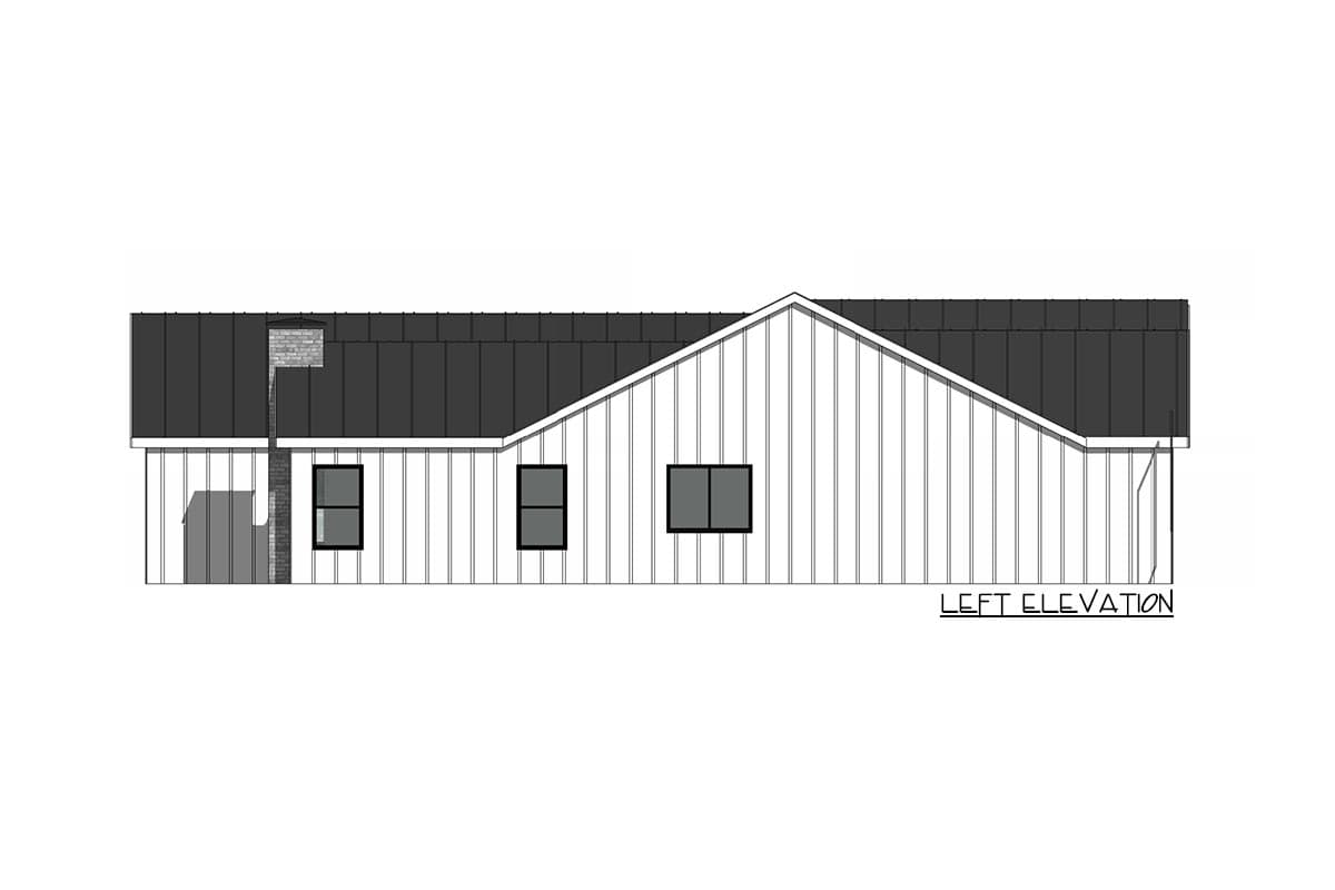 House plan left elevation. Features a gabled roof, vertical siding, and a brick chimney. Includes multiple windows and a metal roof.