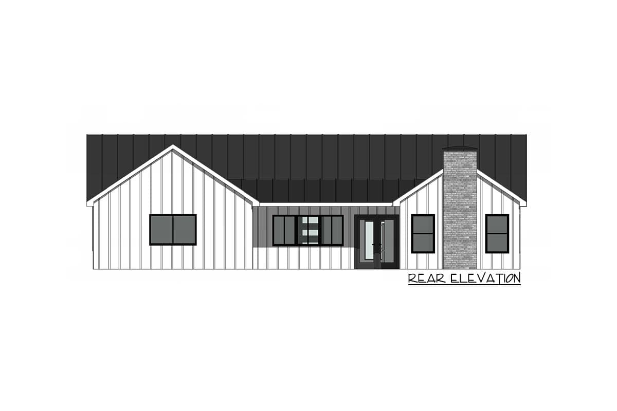 House plan exterior rear elevation. Features include vertical siding, gabled roof, brick chimney, and multiple windows.