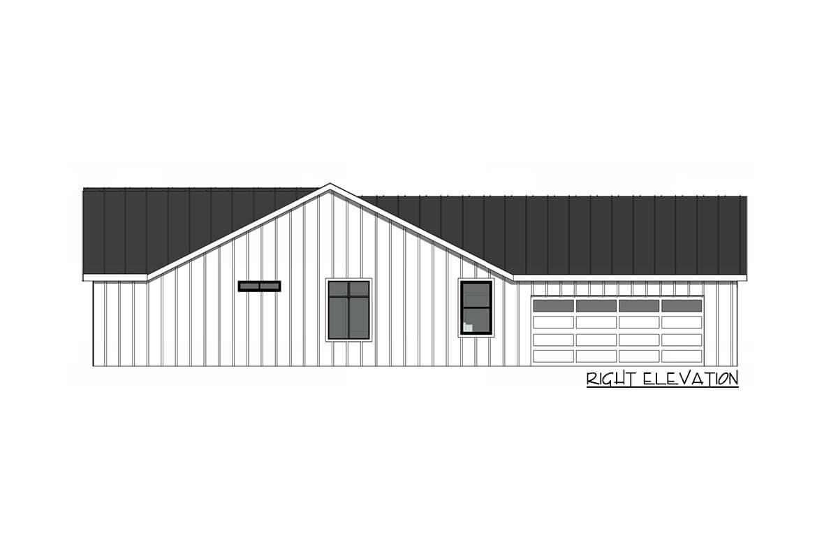 Right elevation of a house plan exterior with a gabled roof, board and batten siding, and a garage door.