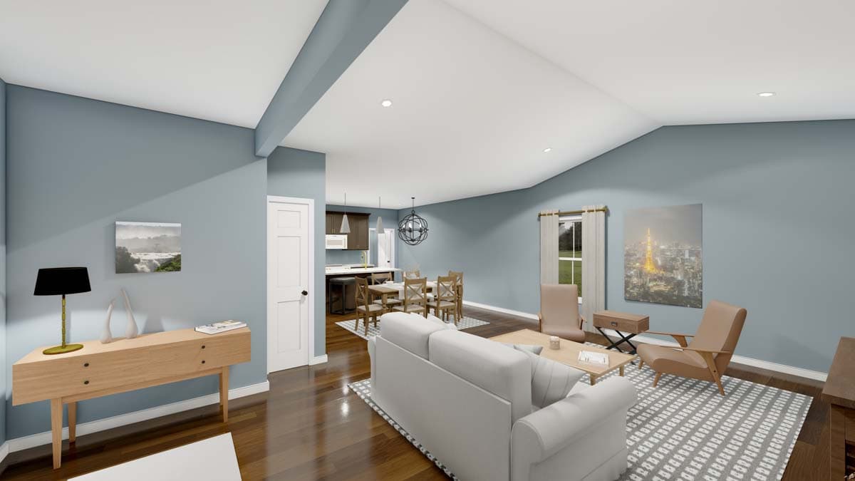 Interior rendering of an open-concept living and dining area with a vaulted ceiling, fireplace, and adjacent kitchen. A doorway opens to the hallway.