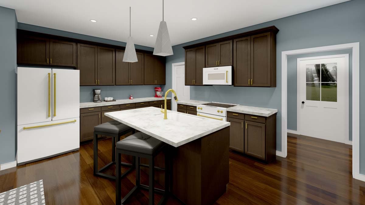 Kitchen rendering with dark wood cabinets, white island with marble countertop, stainless steel appliances, and a door with glass panes.