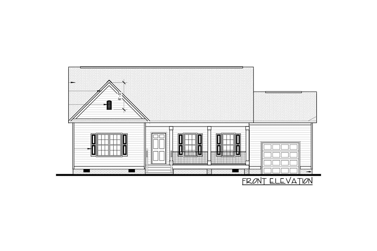 Front elevation drawing of a single-story house plan featuring a gabled front, covered porch with columns, multiple windows, and an attached garage.