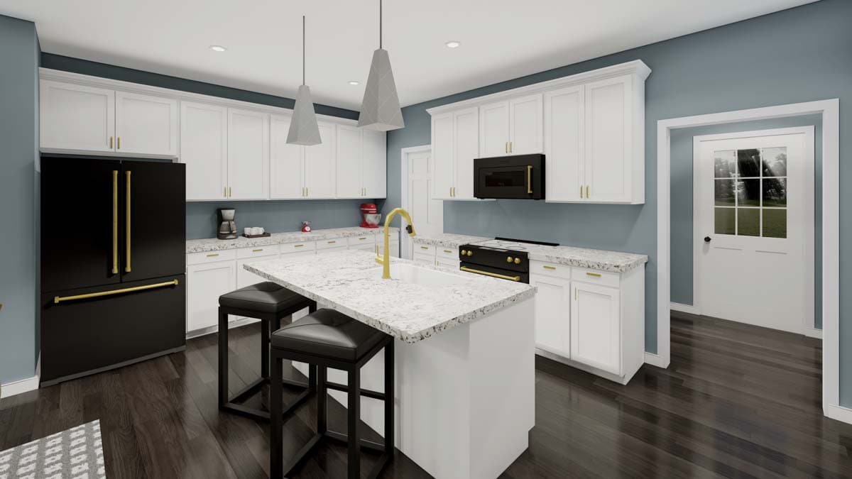 Kitchen with white cabinets, granite countertops, island with sink, black appliances including a French door refrigerator and range.