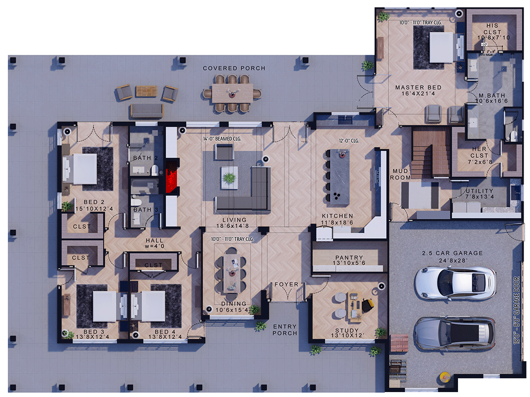 Plan 430091LY: 4 Bed Modern Farmhouse Under 3600 Sq Ft with Wraparound Porch - Floor Plan - Main Level - Country, Farmhouse, Modern Farmhouse