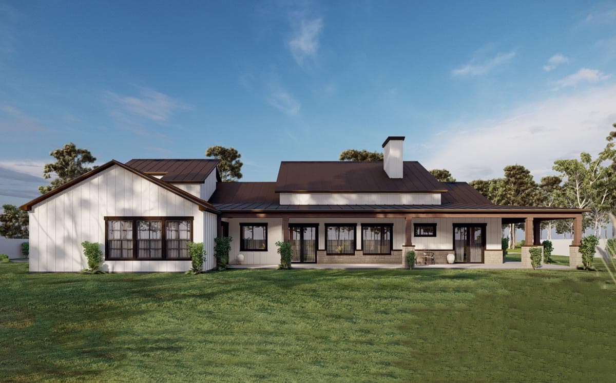 Modern Farmhouse house plan exterior with a prominent gable, metal roof, and covered porch with stone columns.