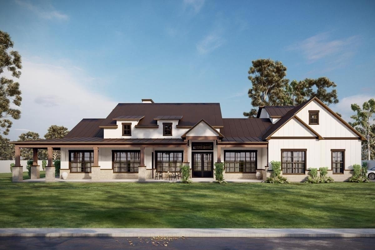House plan exterior rendering. Modern Farmhouse style with one story, covered porch, multiple gables, and dark roof.