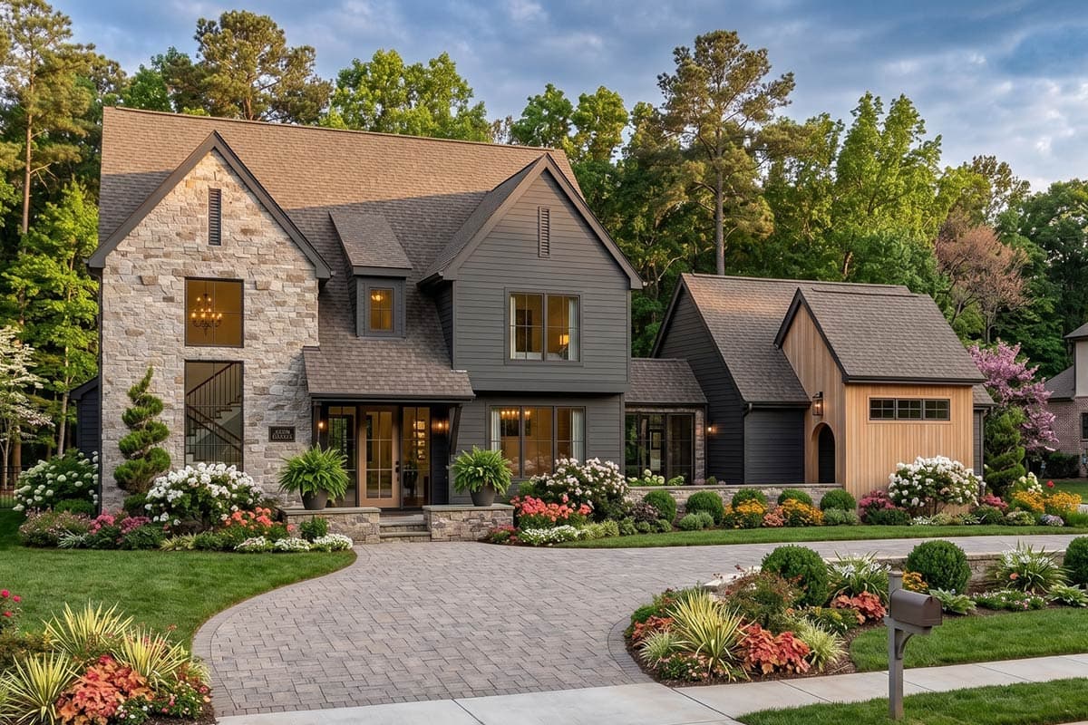 Exterior house plan with stone facade, dark siding, multiple gables, dormers, and arched wood entry.