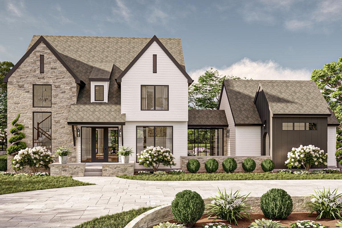 House plan exterior with stone and siding facade, gables, dormers, and a covered front entry. Features include a multi-car garage and arched entryway.