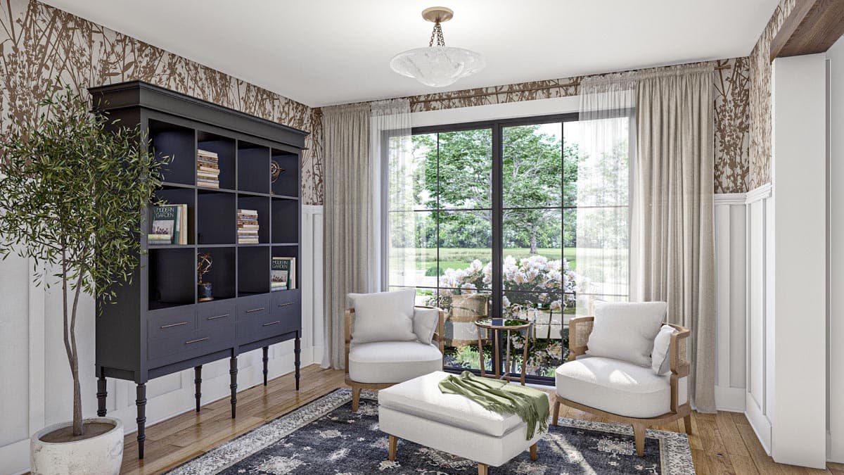 Interior rendering of a room with large windows, a dark shelving unit, two chairs, and patterned wallpaper.