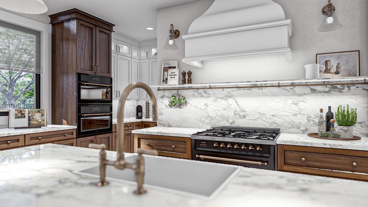 Kitchen with white marble countertops, dark wood cabinetry, double ovens, and range.