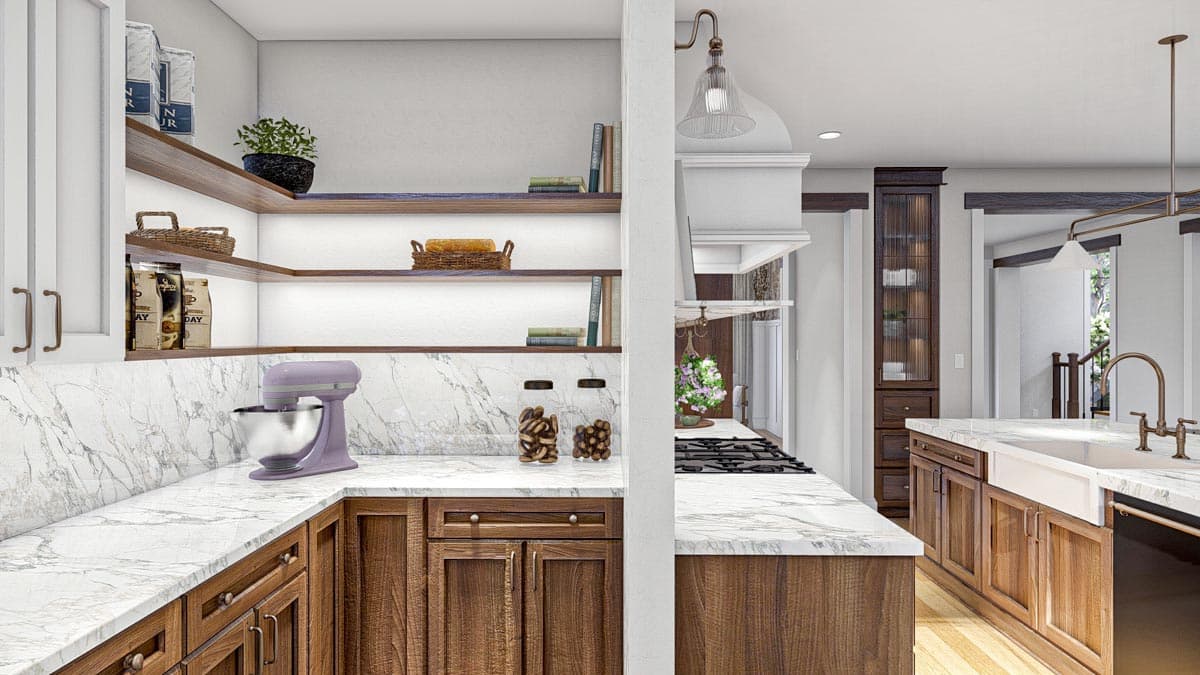 Kitchen rendering with marble countertops, wood cabinetry, pantry shelves, and range with vent hood.