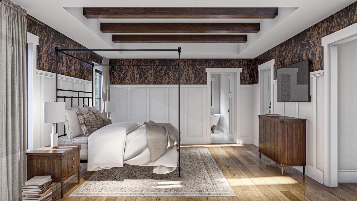 Bedroom interior rendering with canopy bed, beamed ceiling, patterned wallpaper, and ensuite bath access. House plan.